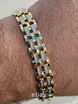 10k Gold Over Real Solid 925 Silver Iced Men's Presidential Link Bracelet 12mm