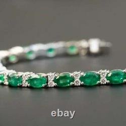 11 Ct Oval Cut Green Emerald Diamond Bracelet Jewelry Silver14K White Gold Over