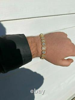 12Ct Emerald Round Brilliant Cut VVS1 Diamond Bracelet 14k Yellow Gold Finish