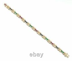 14K Yellow Gold Tennis Bracelet Diamond, Ruby, Sapphire and Emerald Over Silver