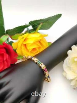 14K Yellow Gold Tennis Bracelet Diamond, Ruby, Sapphire and Emerald Over Silver