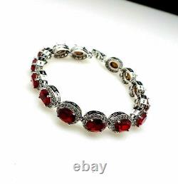 17 Ct Oval Simulated Red Ruby&Diamond Halo Tennis Bracelet 925 Sterling Silver