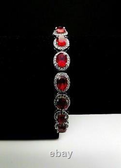 17 Ct Oval Simulated Red Ruby&Diamond Halo Tennis Bracelet 925 Sterling Silver