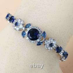 18k White Gold Finish 17Ct Round Cut Lab Created Blue Sapphire Women's Bracelet