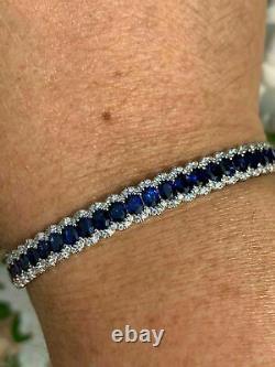 20Ct Oval Cut Blue Sapphire & Diamond 7-7.5 Tennis Bracelet 14K White Gold Over