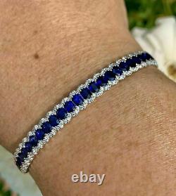 20Ct Oval Cut Blue Sapphire & Diamond 7-7.5 Tennis Bracelet 14K White Gold Over