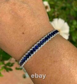 20Ct Oval Cut Blue Sapphire & Diamond 7-7.5 Tennis Bracelet 14K White Gold Over