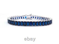 28.00CT Emerald Cut Created Blue Sapphire Tennis Bracelet 925 Sterling Silver 7