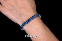 28.00CT Emerald Cut Created Blue Sapphire Tennis Bracelet 925 Sterling Silver 7