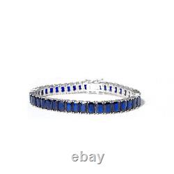 28.00CT Emerald Cut Created Blue Sapphire Tennis Bracelet 925 Sterling Silver 7