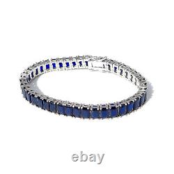 28.00CT Emerald Cut Created Blue Sapphire Tennis Bracelet 925 Sterling Silver 7