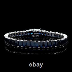 28.00CT Emerald Cut Created Blue Sapphire Tennis Bracelet 925 Sterling Silver 7