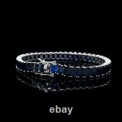 28.00CT Emerald Cut Created Blue Sapphire Tennis Bracelet 925 Sterling Silver 7