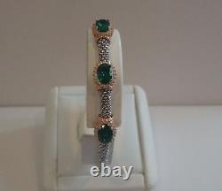 2 Tone Sterling Silver Past/present/future Bracelet 9.75 Ct Lab Emeralds/accents