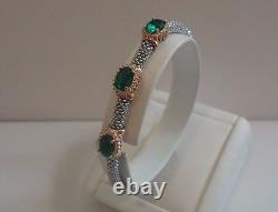 2 Tone Sterling Silver Past/present/future Bracelet 9.75 Ct Lab Emeralds/accents