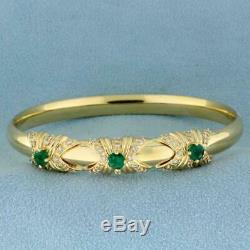2ct Tw Colombian Emerald and Diamond Bangle 7.5Bracelet in 14k Yellow Gold Over