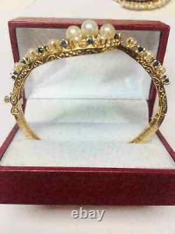 3.20Ct Round Cut Real White Pearl 14K Yellow Gold Finish Vintage Bangle Bracelet