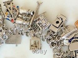 40 Vintage Sterling Silver Charm Bracelet Mid-Century Theme Mechanical