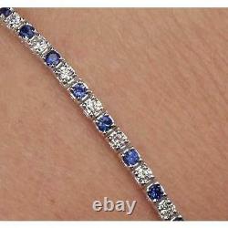 4.90 Carats Blue Sapphire & Diamond Tennis Bracelet 7.25 In 14K White Gold Over