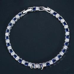 5Ct Princess Cut Blue Sapphire/Diamond Women Tennis Bracelet 14K White Gold Over