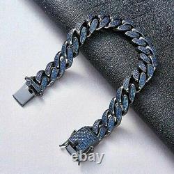 5 Ct Blue Sapphire Round Men's Miami Cuban Link Bracelets 14K Black Gold Finish