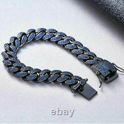 5 Ct Blue Sapphire Round Men's Miami Cuban Link Bracelets 14K Black Gold Finish