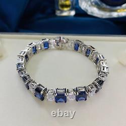 5 Ct Emerald Cut Blue Simulated Diamond Tennis Bracelet White Gold Plated Silver