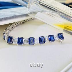 5 Ct Emerald Cut Blue Simulated Diamond Tennis Bracelet White Gold Plated Silver
