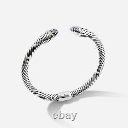 5mm Women's Braided Cable Bracelet with Blue Diamonds Sterling Silver & 14k Gold