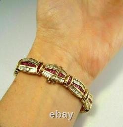 8.0 Ct Baguette Red Ruby & Diamond 7.5Tennis Wide Bracelet 14K Yellow Gold Over