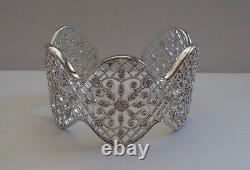 925 STERLING SILVER FLOWER FILIGREE OUTLINE BANGLE BRACELET With 2 CT ACCENTS