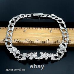 925 Sterling Silver Genuine Ladies Mum Bracelet Curb Chain Lab-Created 7.5