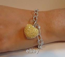 925 Sterling Silver Ladies Heart Charm Bracelet 5 Ct Yellow Lab Diamond Accents