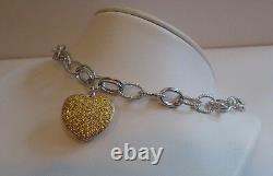 925 Sterling Silver Ladies Heart Charm Bracelet 5 Ct Yellow Lab Diamond Accents
