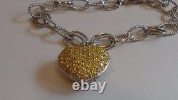 925 Sterling Silver Ladies Heart Charm Bracelet 5 Ct Yellow Lab Diamond Accents