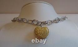 925 Sterling Silver Ladies Heart Charm Bracelet 5 Ct Yellow Lab Diamond Accents