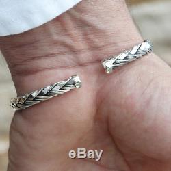 925 Sterling Silver Men Women Braided Slim Cuff Bangle Bracelet Free Big Size