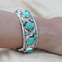925 Sterling Silver Men Women Cuff Bracelet Blue Opal Stone Turquoise Jewelry