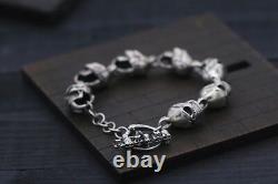 925 Sterling Silver Mens Heavy Angry Skull Cuff Bracelet 20cm