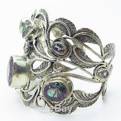 925 Sterling Silver Mystic Topaz Gem Wide Heavy Floral Leaf Cuff Bracelet 6.5