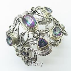 925 Sterling Silver Mystic Topaz Gem Wide Heavy Floral Leaf Cuff Bracelet 6.5