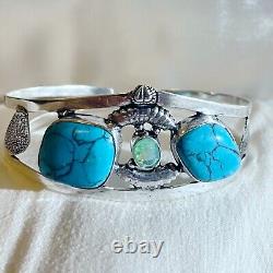 925 Sterling Silver Natural Turquoise & Opalite Gemstone Jewelry Cuff Bracelet