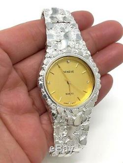 925 Sterling Silver Nugget Band Wrist Watch with Geneve Diamond Watch 7 42grams