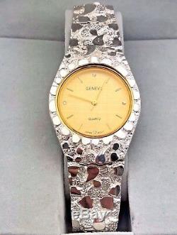925 Sterling Silver Nugget Band Wrist Watch with Geneve Diamond Watch 7 42grams