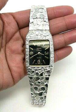 925 Sterling Silver Nugget Link Graduated Bracelet Geneve Wrist Watch 7-7.25