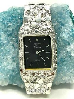 925 Sterling Silver Nugget Link Watch Bracelet Geneve with Diamond 7-7.5 44g