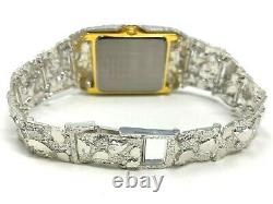 925 Sterling Silver Nugget Link Watch Bracelet Geneve with Diamond 7-7.5 44g