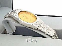 925 Sterling Silver Nugget Link Wrist Watch Geneve Diamond Round Watch 8