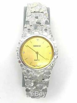 925 Sterling Silver Nugget Link Wrist Watch Geneve Diamond Round Watch 8