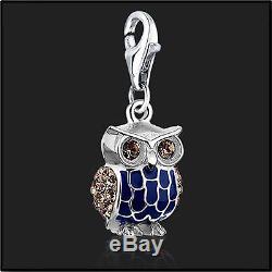 925 Sterling Silver Owl clip on Bracelet Charm Swarovski Crystal Charms 3D Owls